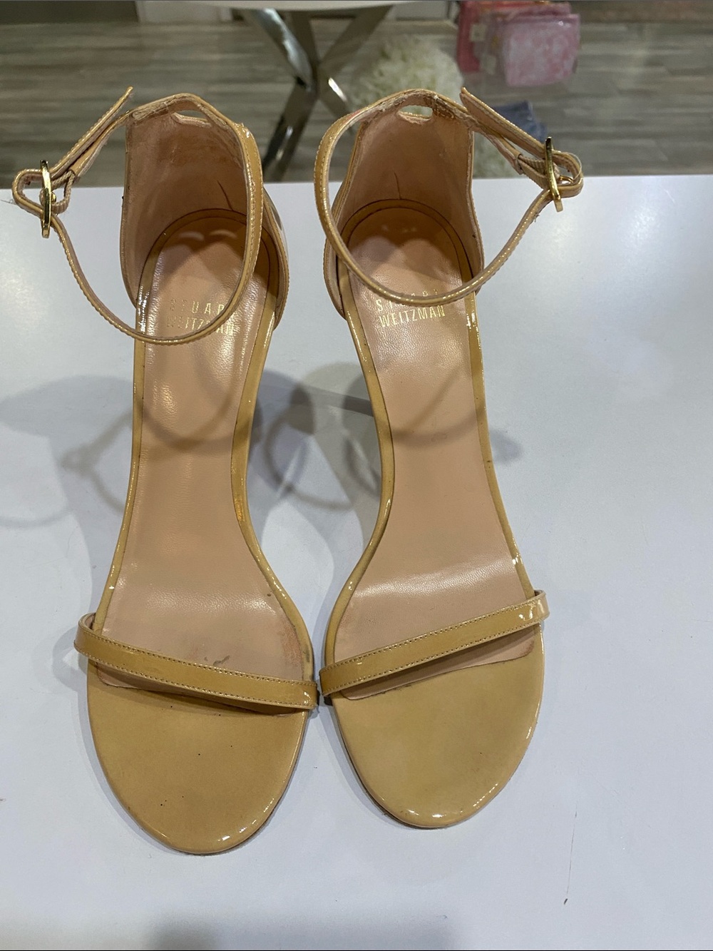 Stuart Weitzman Patent Ankle-Strap Sandals in Camel. Gently used.